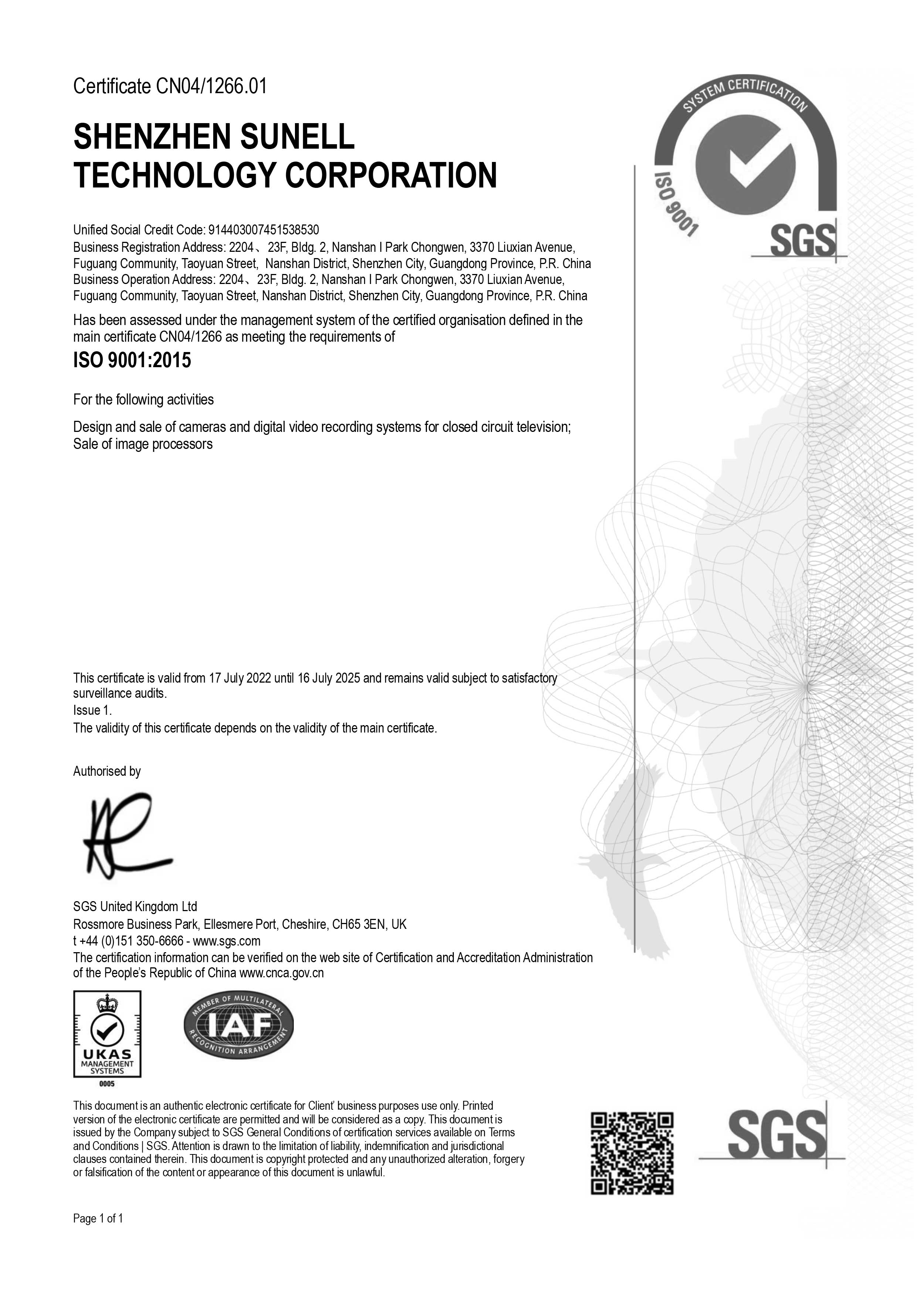 iso9001 quality system certificate